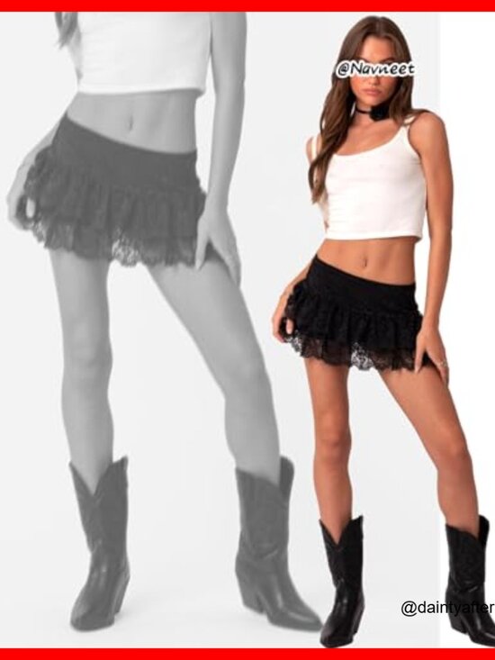 Polyester Spandex Sheer Lace Ruffle Mini Skirt Low Rise Y2K Vintage - Picture 3 of 4